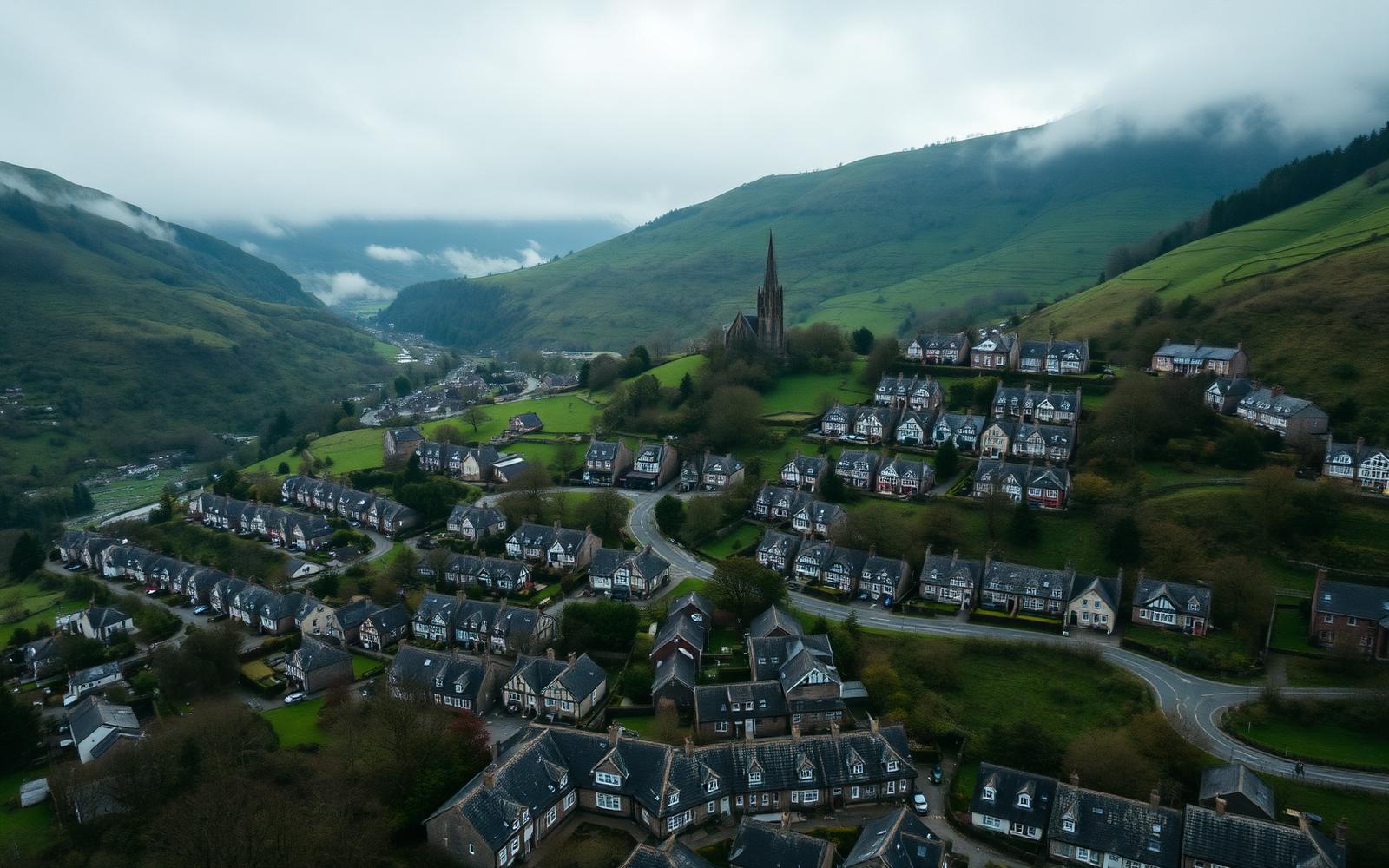 Aerial view of Aberdare, slate-roofed terraces climbing the green Cynon Valley hillsides with the chapel spire in the distance