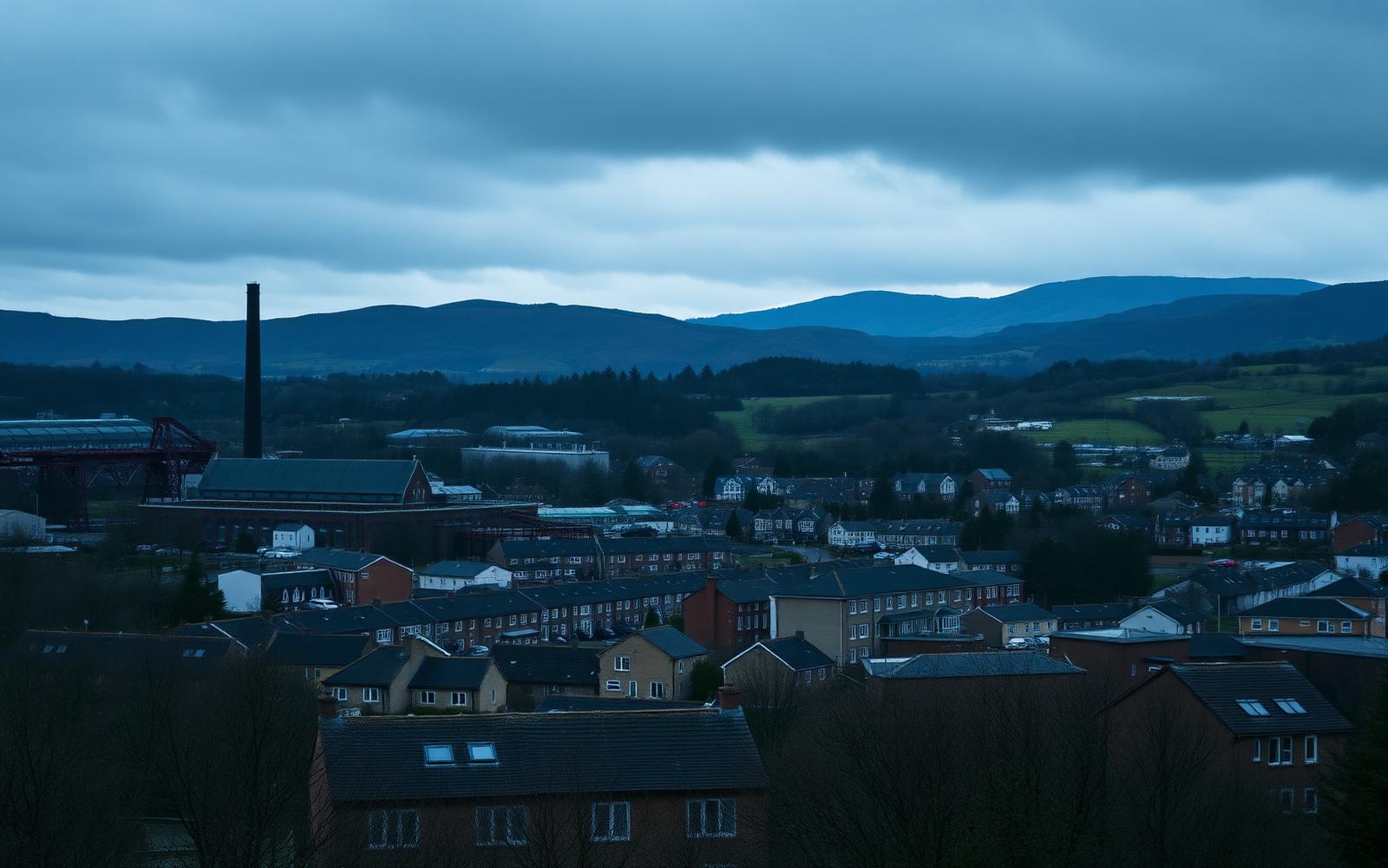 Merthyr Tydfil skyline with the historic ironworks chimney and Brecon Beacons rising behind the terraces