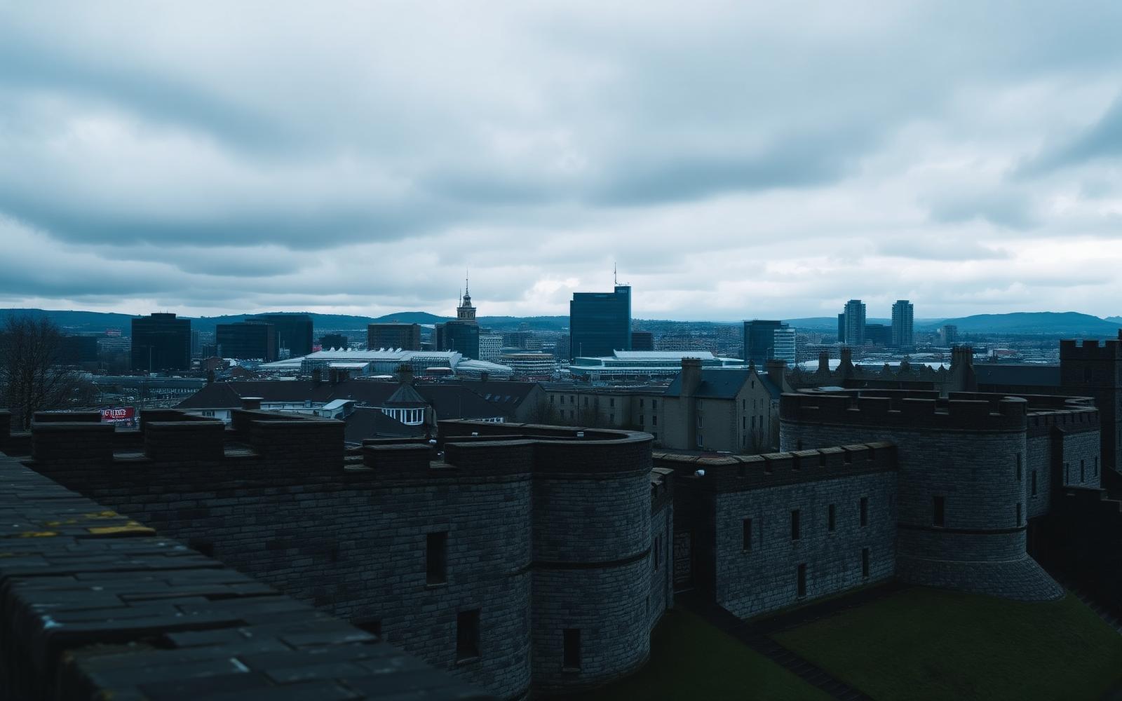 Cardiff skyline behind the medieval stone walls of Cardiff Castle under a dramatic overcast sky