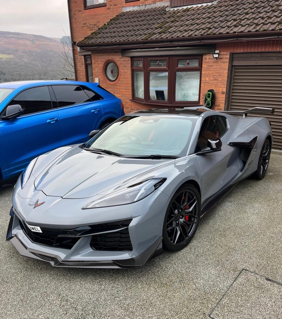 Freshly detailed grey Corvette Z06 on a South Wales driveway after a mobile detail