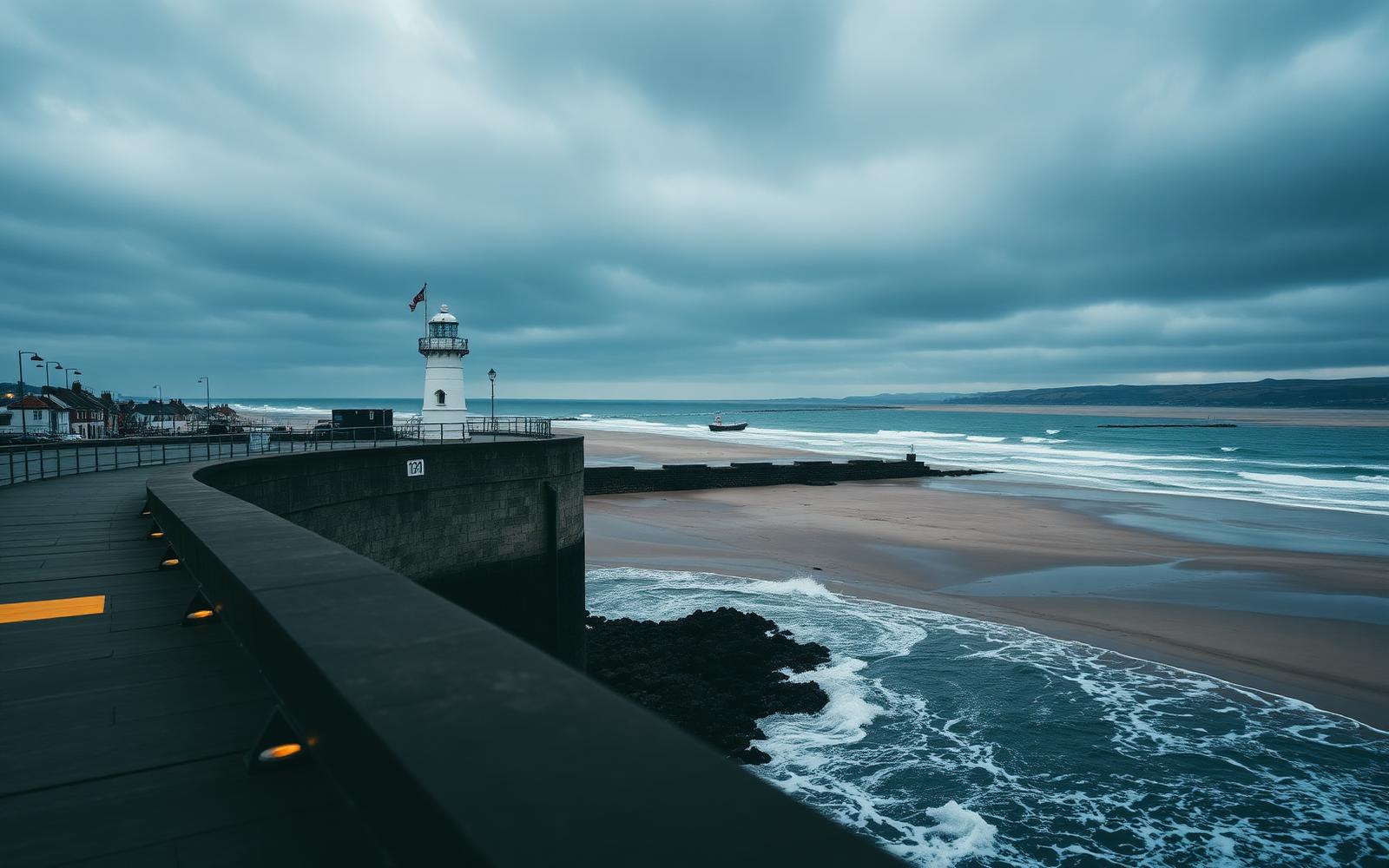 Porthcawl seafront, the historic white lighthouse on the pier with waves crashing against the sea wall
