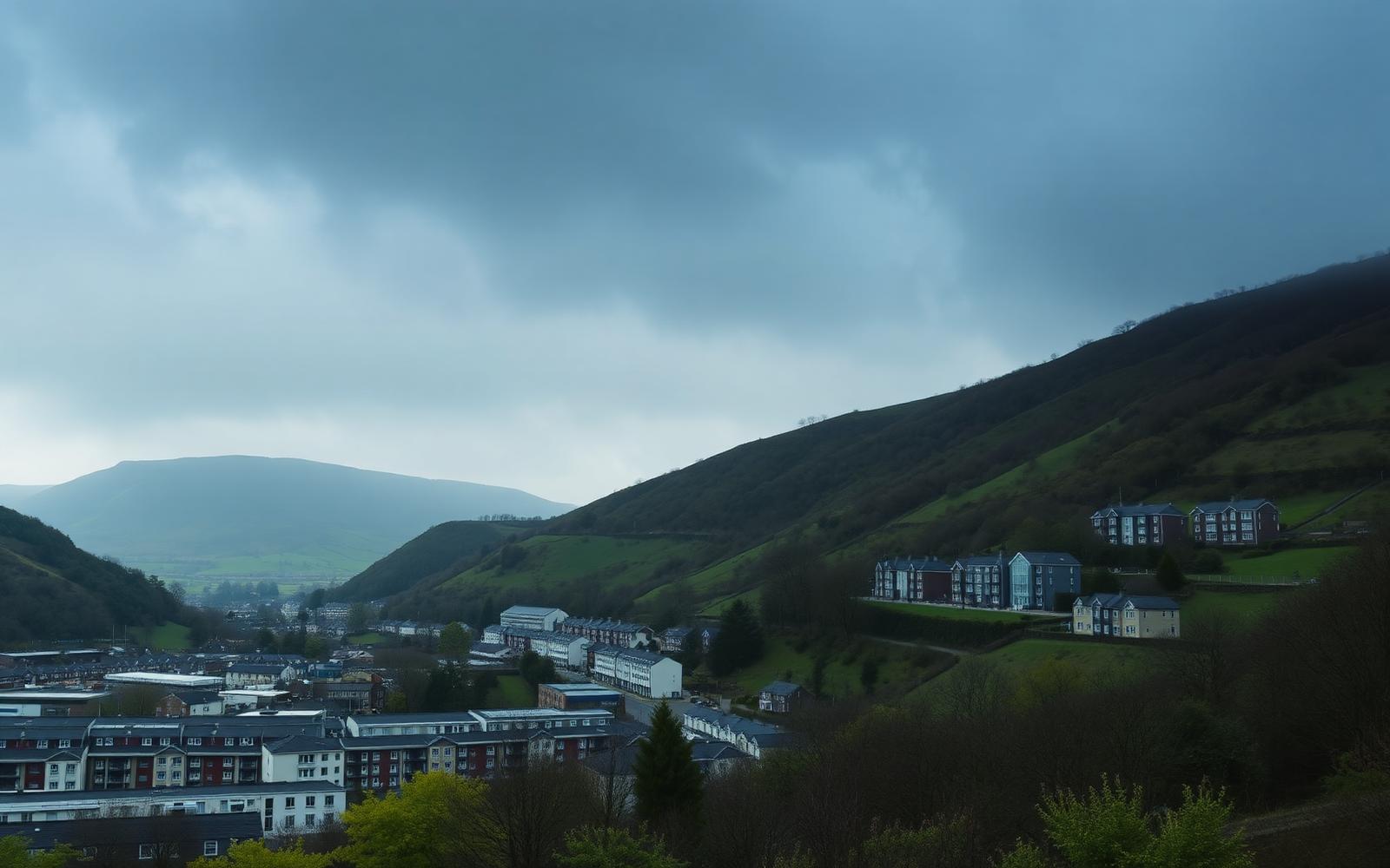 Ebbw Vale nestled between steep green valley sides, regenerated town centre and terraced streets