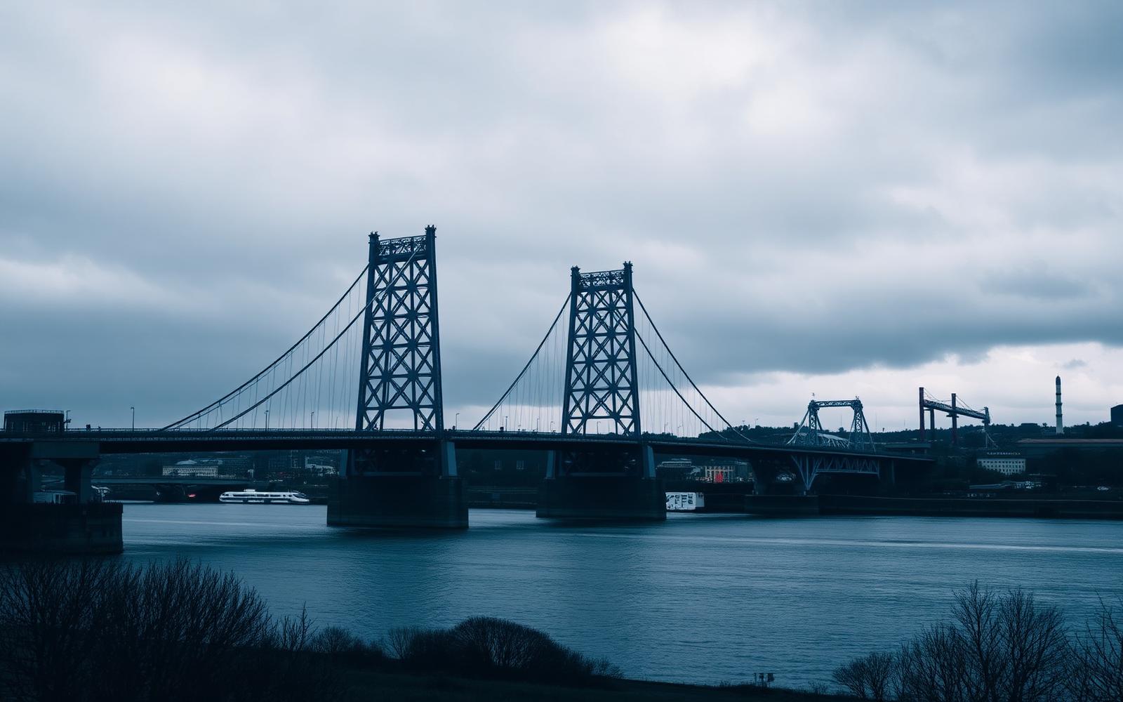 Newport Transporter Bridge, steel lattice towers spanning the River Usk under a moody Welsh sky