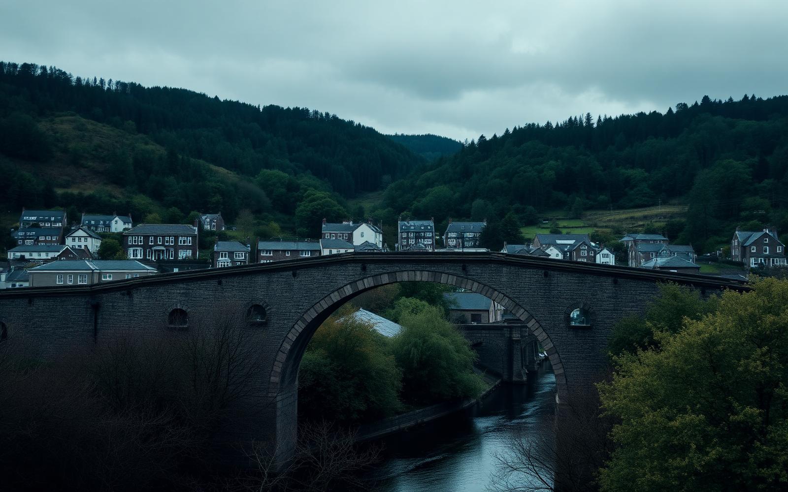 The old stone Pontypridd Bridge arching over the River Taff with the Victorian town and wooded hillsides behind