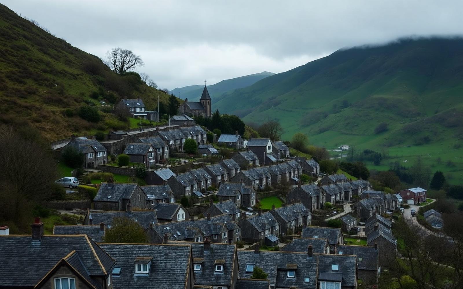 Treharris terraced houses stepping down a South Wales valley hillside with chapel and green hills behind